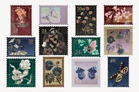 Flower postage stamp illustration, vintage graphic vector set