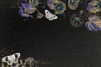 Flowers and butterflies on black background, aesthetic illustration