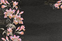 Ephemera pink flower on black background, vintage illustration psd