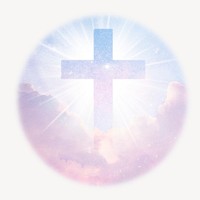 Christian cross sticker, aesthetic sky, spirituality photo badge psd