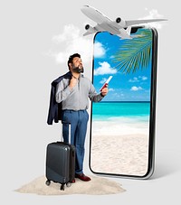 Businessman on vacation, summer travel online ad 