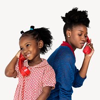 Sisters talking on the phone, isolated on off white
