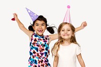Happy kids celebrating birthday, isolated on off white