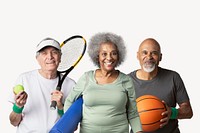 Active lifestyle for seniors, isolated on off white