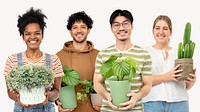 People with houseplants, isolated on off white