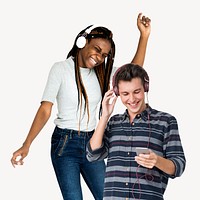 Happy couple listening to music, isolated on off white