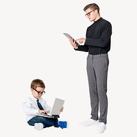 Father and son working, isolated on off white
