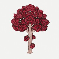 Red tree sticker, vintage botanical illustration psd