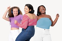 Diverse women dancing to music, isolated on off white