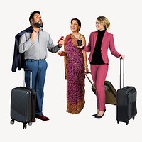 People with carry on luggage, isolated on off white