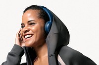 Sporty woman listening to music, isolated on off white