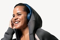 Sporty woman listening to music, collage element psd