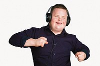 Man with Down Syndrome listening to music, isolated on off white