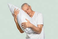 Old man hugging a pillow for a good night sleep