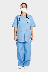 Female doctor in a blue gown full body