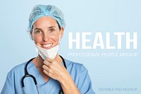 Female doctor mockup psd with a stethoscope portrait