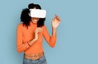 Smiling woman having fun with VR headset digital device