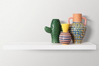 Colorful plant pots mockup psd on white shelf home decor