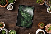 Blank digital tablet screen in houseplants background