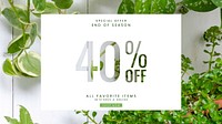 Online houseplant shop template vector with 40% off promotion