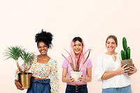 Happy women plant lovers holding potted houseplants