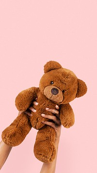 Teddy bear toy held by a hand for kids