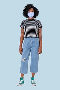 African woman mockup psd wearing face mask in the new normal full body