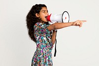 Little girl with megaphone, isolated on off white psd