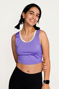 Athletic woman wearing purple sports top