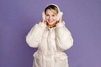 Blonde woman in white down jacket, winter outfit 