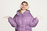 Surprised woman in winter outfit, isolated on off white