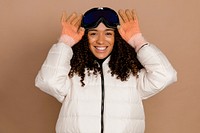 African American woman in ski winter outfit