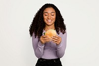 Woman eating burger, junk food psd