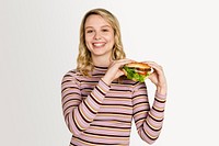 Woman eating hamburger for lunch psd