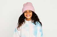 Happy kid in winter outfit, isolated on off white psd