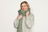 Woman wearing scarf, isolated on off white