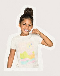 Girl brushing teeth, cut out collage