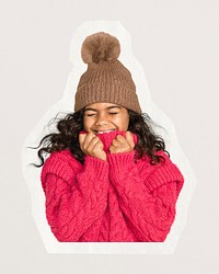 Cute girl in knitted hat, paper texture cut out