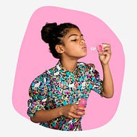 Girl blowing soap bubbles, pink shape badge psd