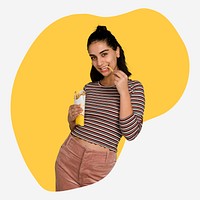 Woman eating fries, yellow badge