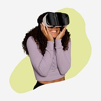 Woman in Metaverse with VR headset, green shape badge psd
