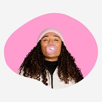 Woman with bubblegum, pink shape badge