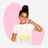 Girl brushing teeth, pink shape badge psd