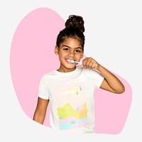 Girl brushing teeth, pink shape badge