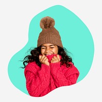 Cute little girl in winter clothes, turquoise shape badge