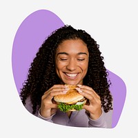 Woman eating hamburger, purple shape badge