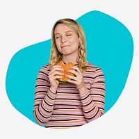 Blonde woman eating a hamburger, blue shape badge