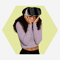 Woman in Metaverse with VR headset, green shape badge