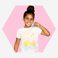 Girl brushing teeth, pink shape badge