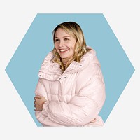 Blonde woman feeling cold in down jacket, blue shape badge